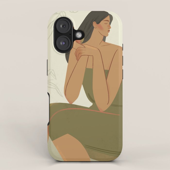 portrait of a girl with a peach in a green dress iPhone Case Gallery Image 1