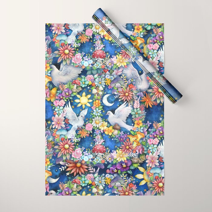 Watercolor Floral PEACE Sign illustration Wrapping Paper Gallery Image 1