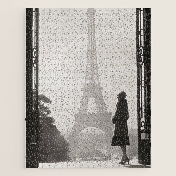 1920 Woman at the Gate, Eiffel Tower black and white photography / jazz age black & white photograph Jigsaw Puzzle Gallery Image 1