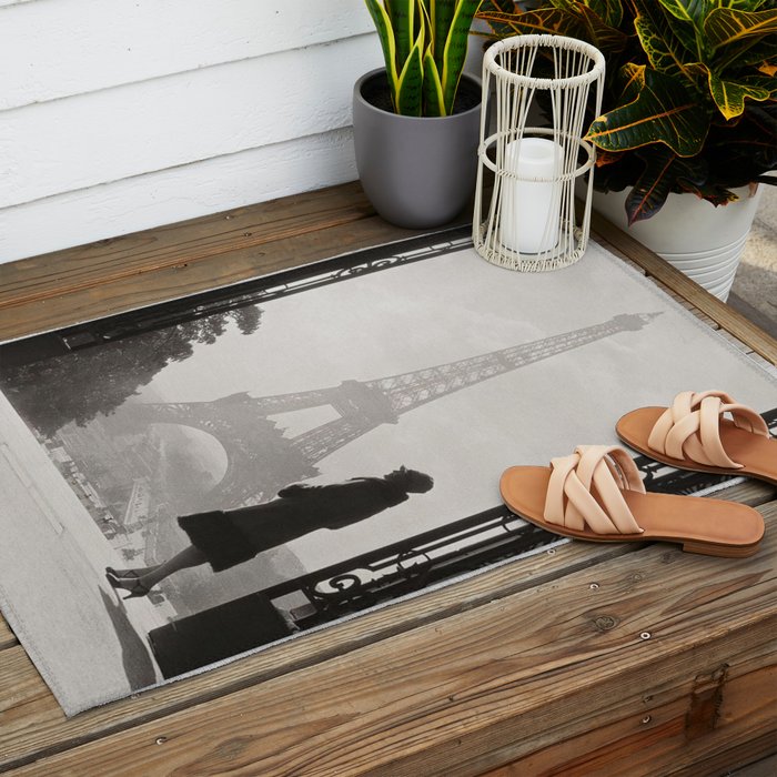 1920 Woman at the Gate, Eiffel Tower black and white photography / jazz age black & white photograph Outdoor Rug Gallery Image 2