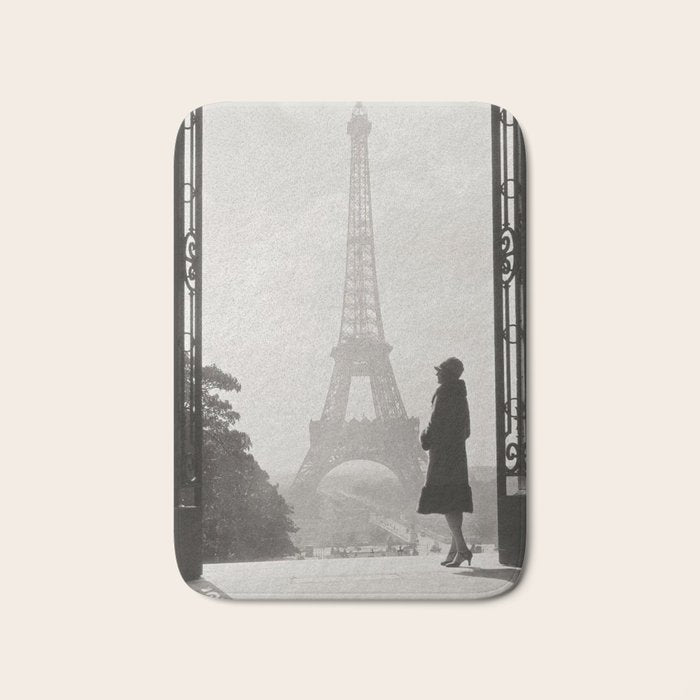 1920 Woman at the Gate, Eiffel Tower black and white photography / jazz age black & white photograph Bath Mat Gallery Image 1