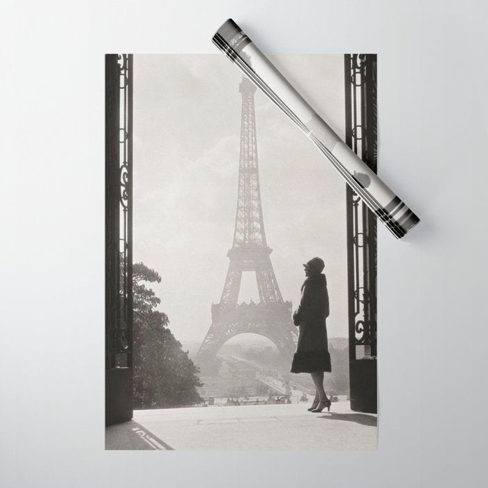 1920 Woman at the Gate, Eiffel Tower black and white photography / jazz age black & white photograph Wrapping Paper Gallery Image 1