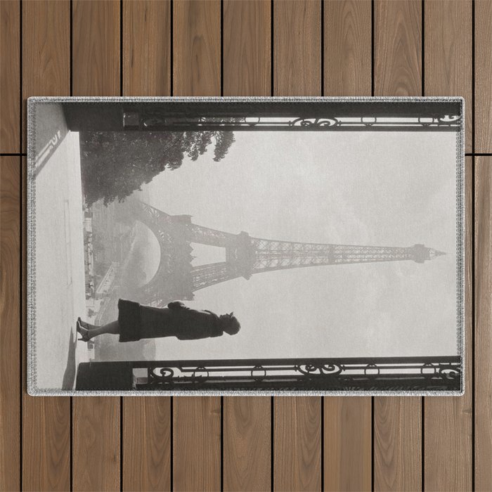 1920 Woman at the Gate, Eiffel Tower black and white photography / jazz age black & white photograph Outdoor Rug Gallery Image 1