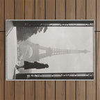1920 Woman at the Gate, Eiffel Tower black and white photography / jazz age black & white photograph Outdoor Rug Gallery Image 1