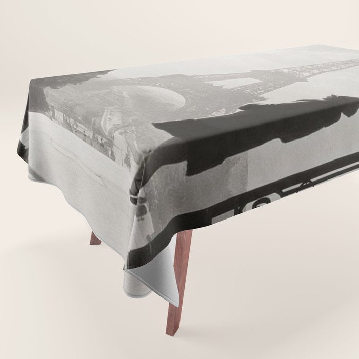 1920 Woman at the Gate, Eiffel Tower black and white photography / jazz age black & white photograph Tablecloth Gallery Image 1