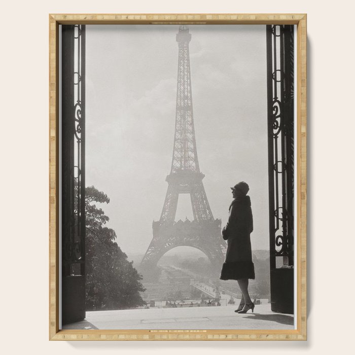 1920 Woman at the Gate, Eiffel Tower black and white photography / jazz age black & white photograph Serving Tray Gallery Image 1