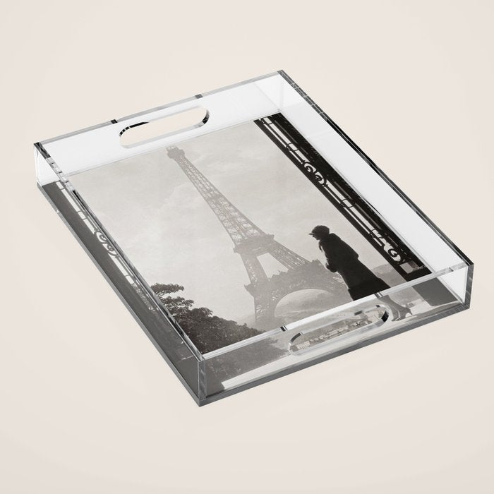 1920 Woman at the Gate, Eiffel Tower black and white photography / jazz age black & white photograph Acrylic Tray Gallery Image 1