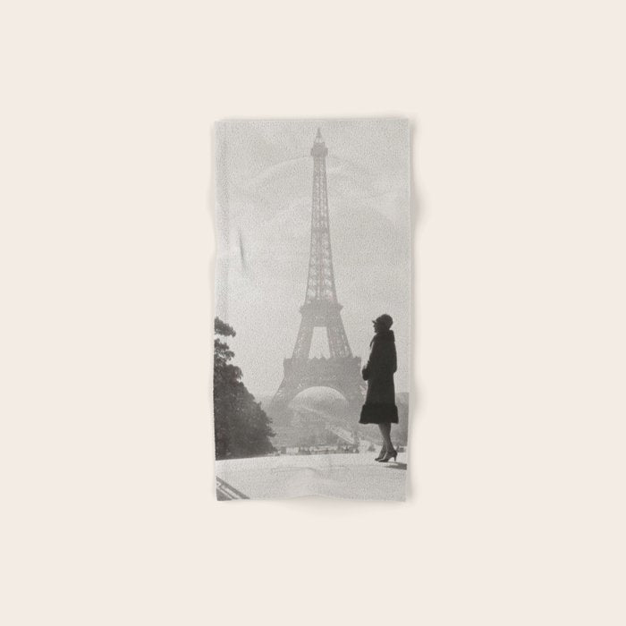 1920 Woman at the Gate, Eiffel Tower black and white photography / jazz age black & white photograph Bath Towel Gallery Image 1