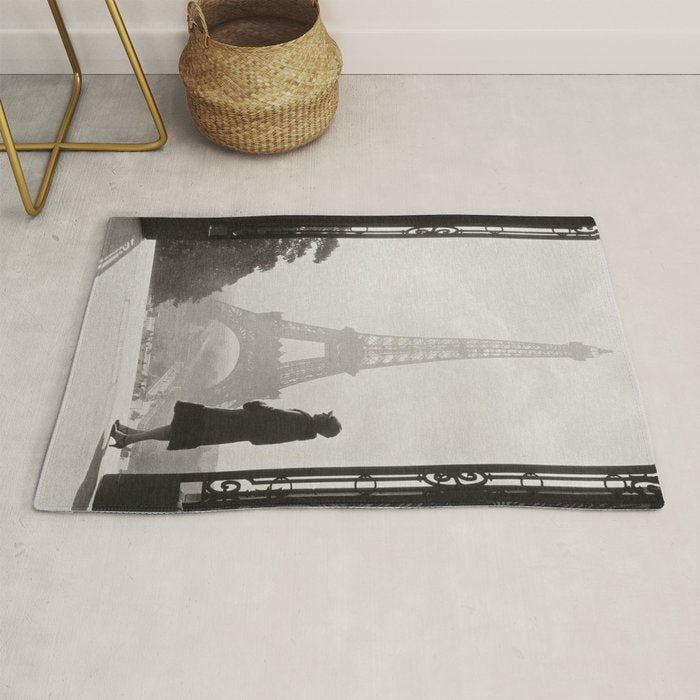 1920 Woman at the Gate, Eiffel Tower black and white photography / jazz age black & white photograph Rug Gallery Image 1
