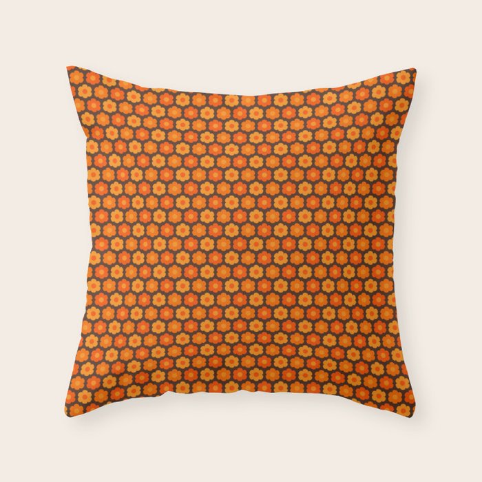 Such Cute Flowers Retro Floral Geo Honeycomb Pattern in 70s Orange and Brown Throw Pillow Gallery Image 6