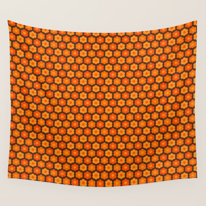 Such Cute Flowers Retro Floral Geo Honeycomb Pattern in 70s Orange and Brown Wall Tapestry Gallery Image 4