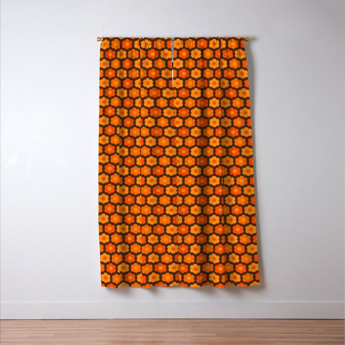 Such Cute Flowers Retro Floral Geo Honeycomb Pattern in 70s Orange and Brown Window Curtain Gallery Image 3