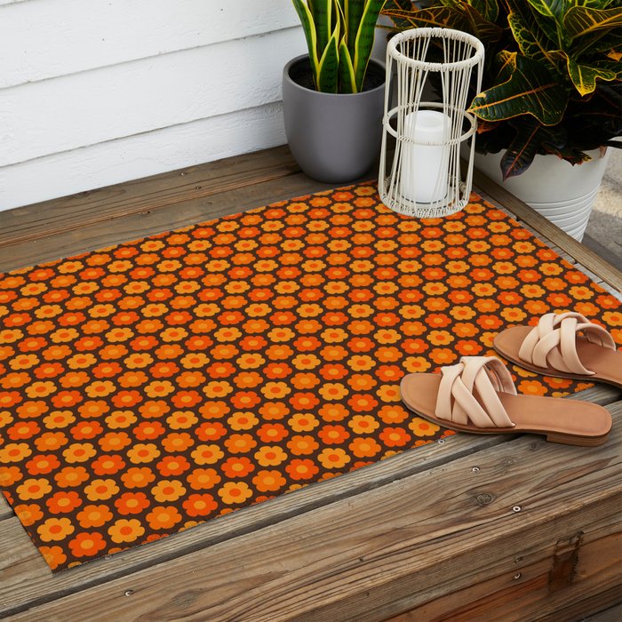 Such Cute Flowers Retro Floral Geo Honeycomb Pattern in 70s Orange and Brown Outdoor Rug Gallery Image 2
