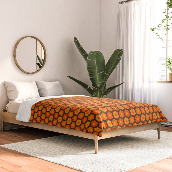 Such Cute Flowers Retro Floral Geo Honeycomb Pattern in 70s Orange and Brown Comforter Gallery Image 2