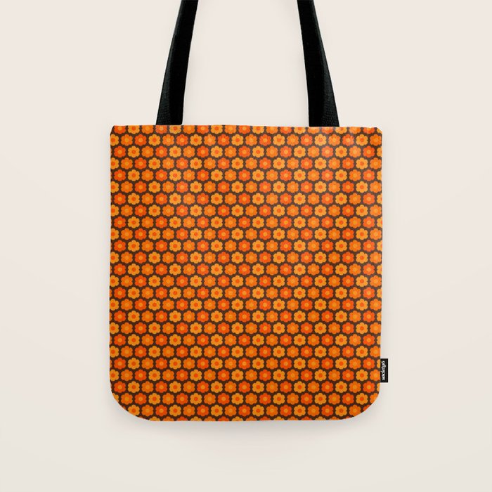 Such Cute Flowers Retro Floral Geo Honeycomb Pattern in 70s Orange and Brown Tote Bag Gallery Image 1
