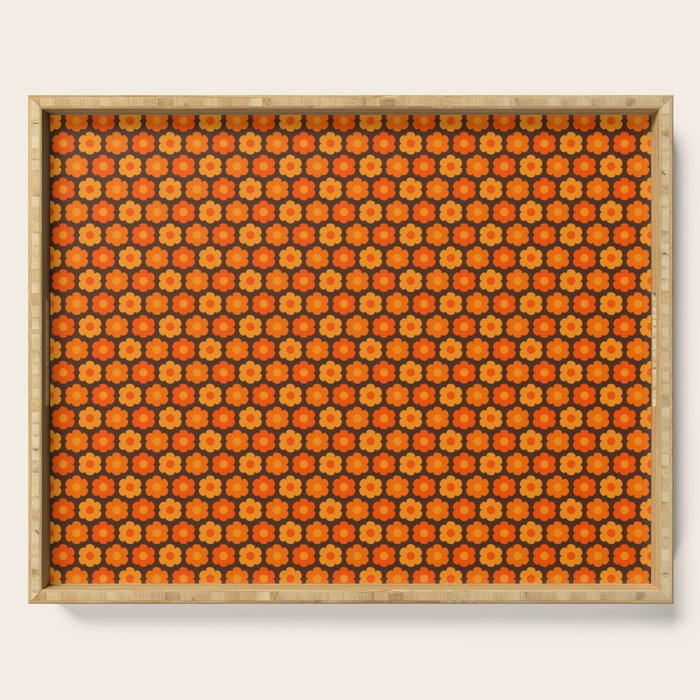 Such Cute Flowers Retro Floral Geo Honeycomb Pattern in 70s Orange and Brown Serving Tray Gallery Image 1