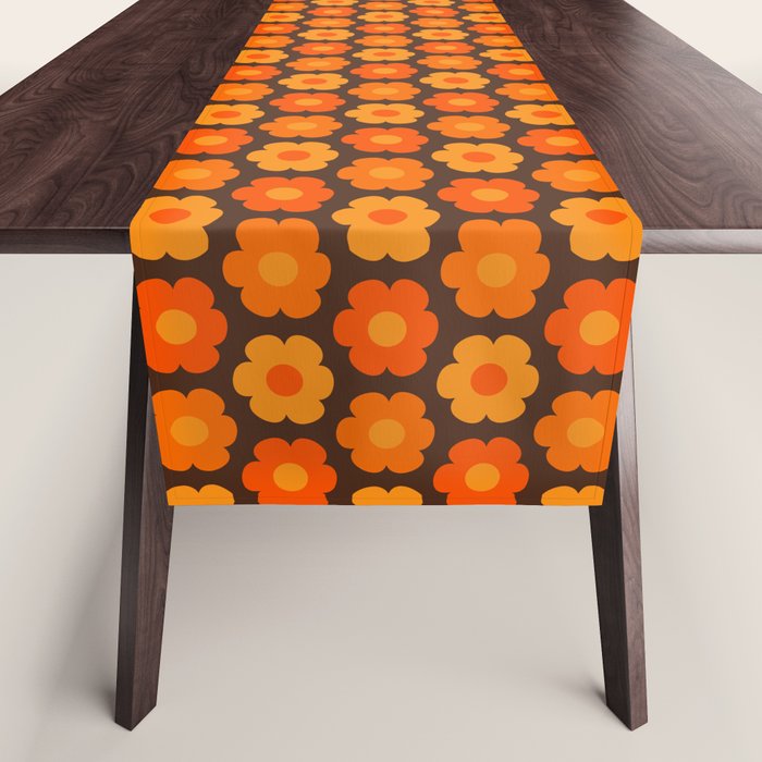 Such Cute Flowers Retro Floral Geo Honeycomb Pattern in 70s Orange and Brown Table Runner Gallery Image 1