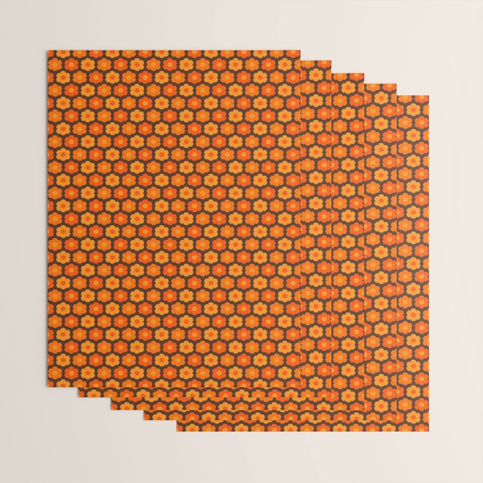 Such Cute Flowers Retro Floral Geo Honeycomb Pattern in 70s Orange and Brown Wrapping Paper Gallery Image 3