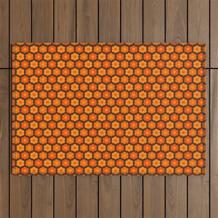 Such Cute Flowers Retro Floral Geo Honeycomb Pattern in 70s Orange and Brown Outdoor Rug Gallery Image 1