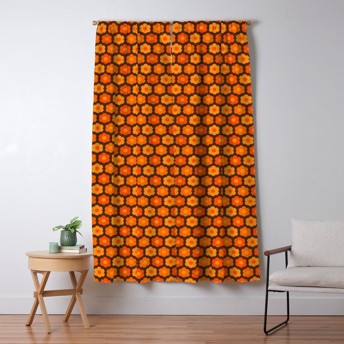 Such Cute Flowers Retro Floral Geo Honeycomb Pattern in 70s Orange and Brown Window Curtain Gallery Image 5