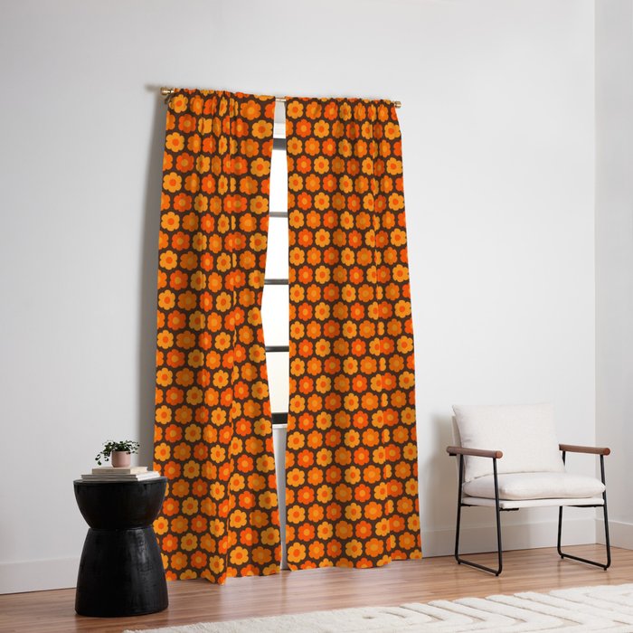 Such Cute Flowers Retro Floral Geo Honeycomb Pattern in 70s Orange and Brown Window Curtain Gallery Image 2