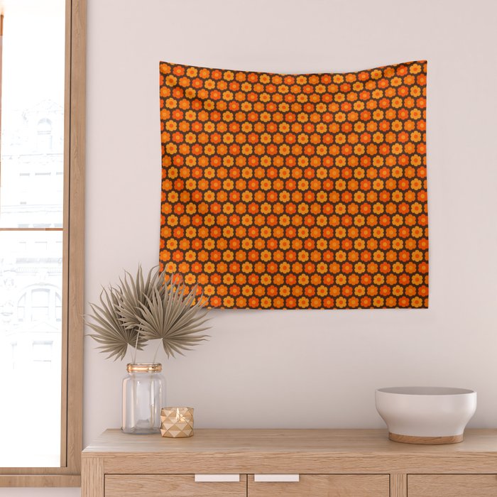 Such Cute Flowers Retro Floral Geo Honeycomb Pattern in 70s Orange and Brown Wall Tapestry Gallery Image 2