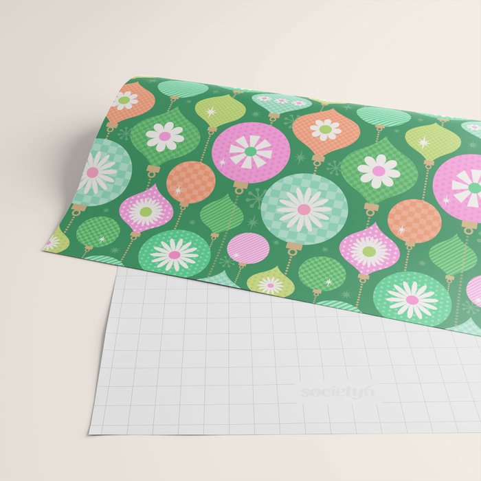 Happy Holidays Retro Ornaments - Multi-Pink on Green Wrapping Paper Gallery Image 2