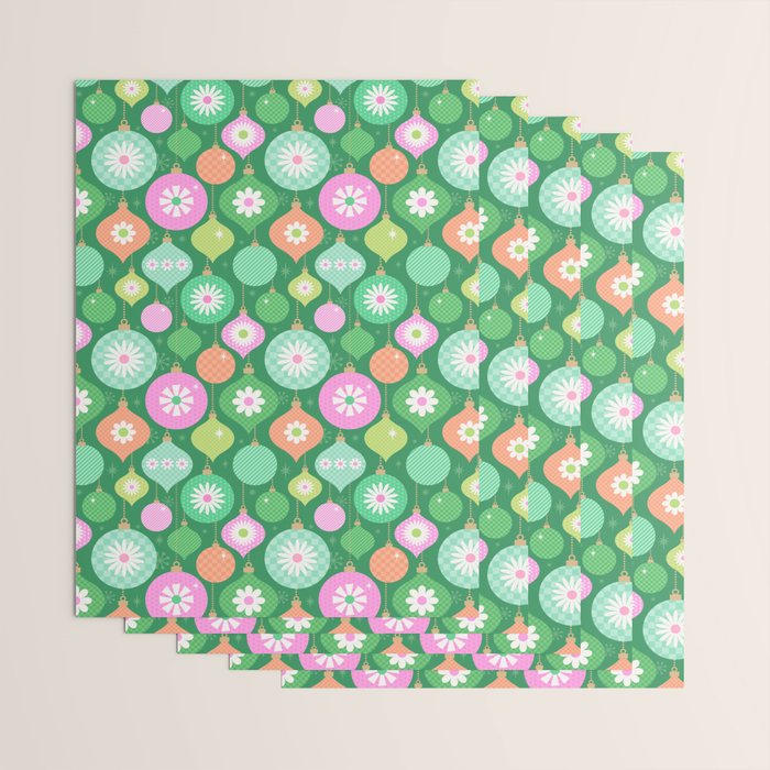 Happy Holidays Retro Ornaments - Multi-Pink on Green Wrapping Paper Gallery Image 3