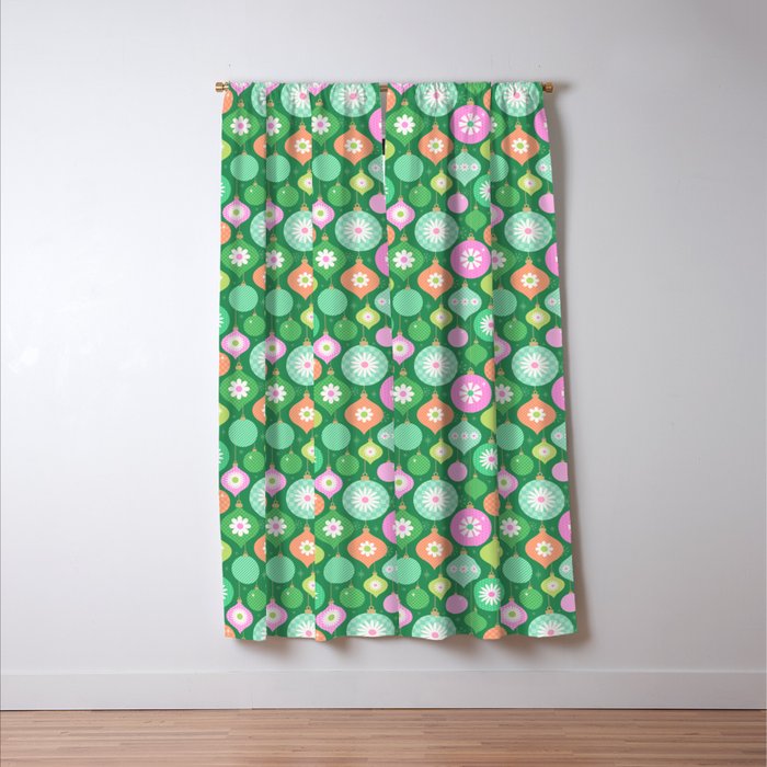 Happy Holidays Retro Ornaments - Multi-Pink on Green Window Curtain Gallery Image 3