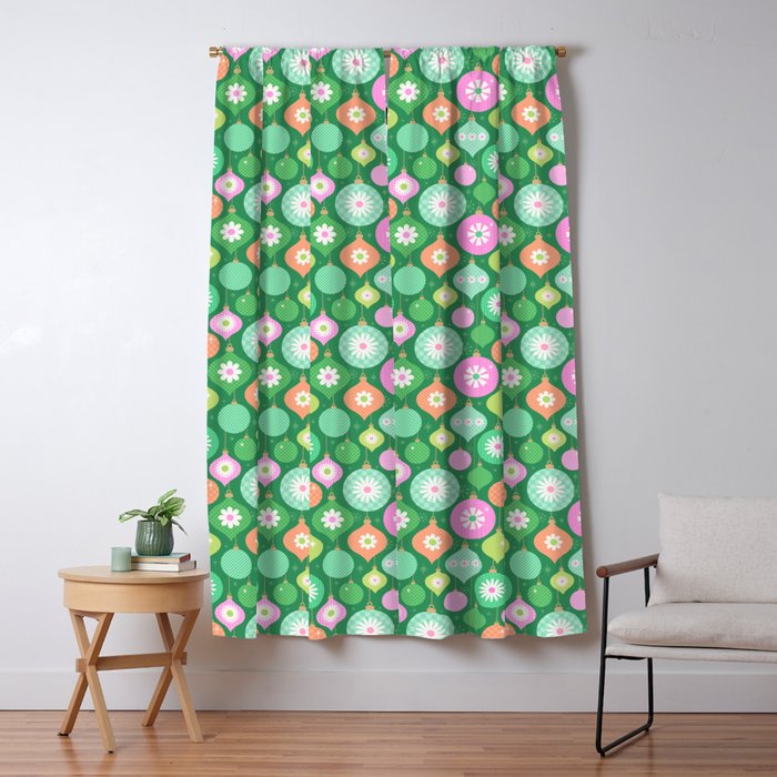 Happy Holidays Retro Ornaments - Multi-Pink on Green Window Curtain Gallery Image 5