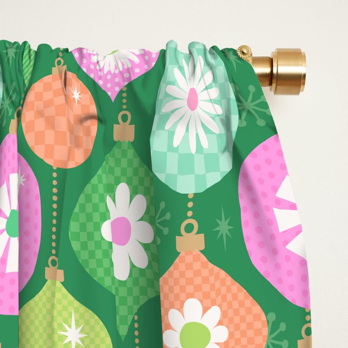Happy Holidays Retro Ornaments - Multi-Pink on Green Window Curtain Gallery Image 2