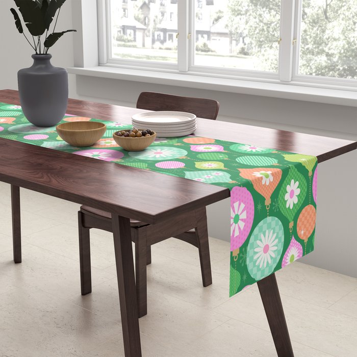 Happy Holidays Retro Ornaments - Multi-Pink on Green Table Runner Gallery Image 2