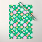 Happy Holidays Retro Ornaments - Multi-Pink on Green Wrapping Paper Gallery Image 1
