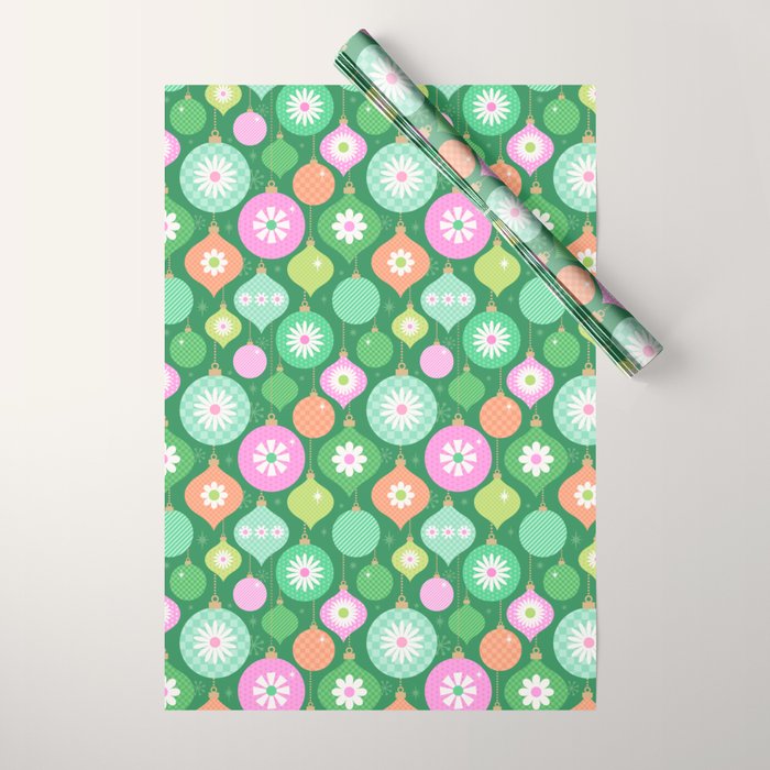Happy Holidays Retro Ornaments - Multi-Pink on Green Wrapping Paper Gallery Image 1