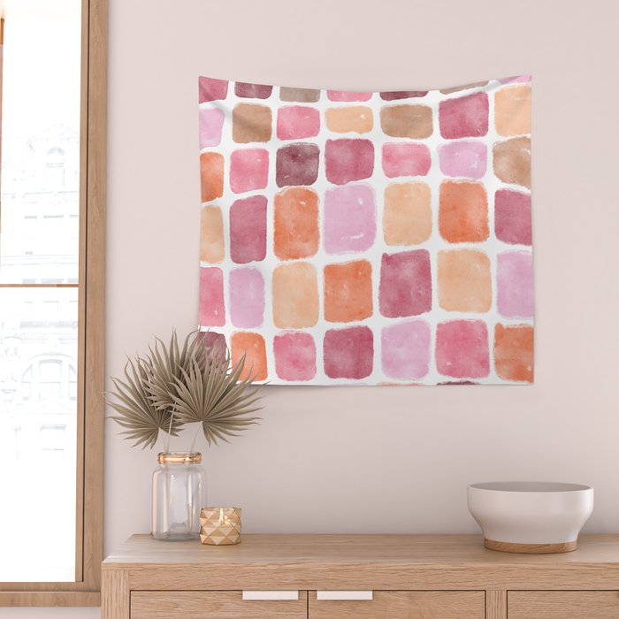 Watercolor Grid Pattern in Warm Pastels Wall Tapestry Gallery Image 2