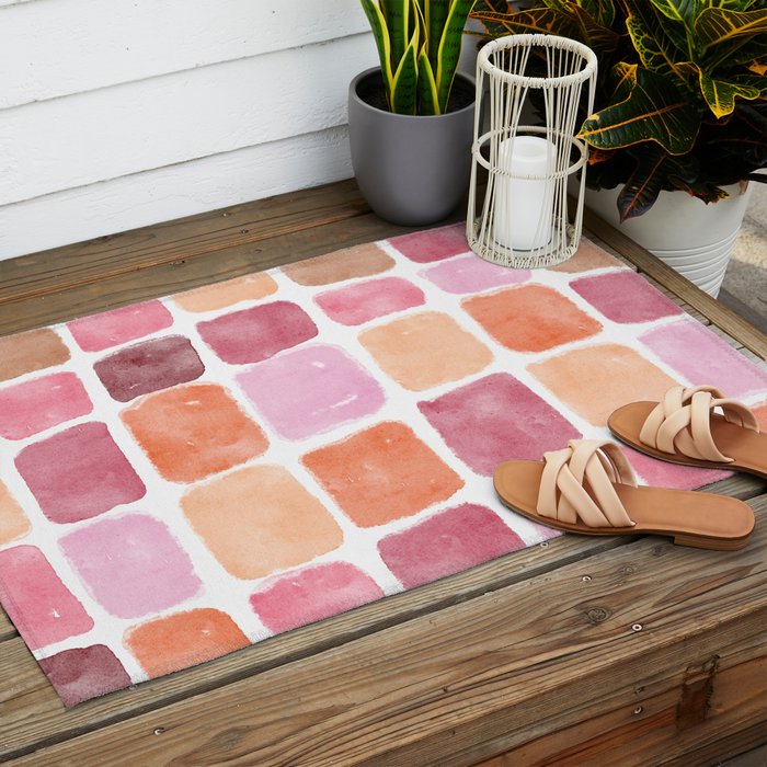Watercolor Grid Pattern in Warm Pastels Outdoor Rug Gallery Image 2
