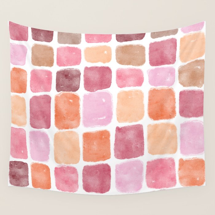Watercolor Grid Pattern in Warm Pastels Wall Tapestry Gallery Image 4