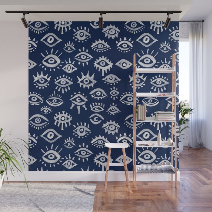 Mystic Eyes - White on Navy Wall Mural Gallery Image 1