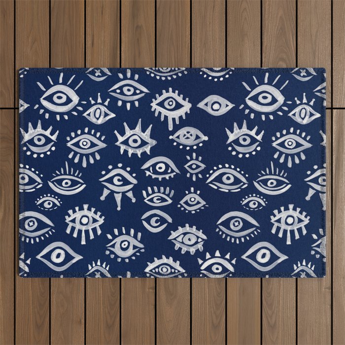 Mystic Eyes - White on Navy Outdoor Rug Gallery Image 1