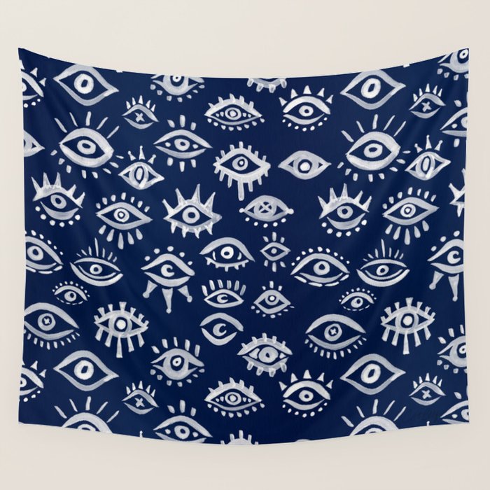Mystic Eyes - White on Navy Wall Tapestry Gallery Image 1