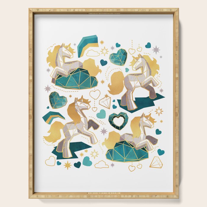 Kicking off some magic // white background white and grey unicorns aqua and mint hearts clouds and rainbows golden lines Serving Tray Gallery Image 1