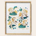 Kicking off some magic // white background white and grey unicorns aqua and mint hearts clouds and rainbows golden lines Serving Tray Gallery Image 1