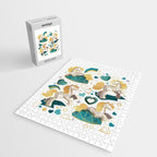 Kicking off some magic // white background white and grey unicorns aqua and mint hearts clouds and rainbows golden lines Jigsaw Puzzle Gallery Image 2