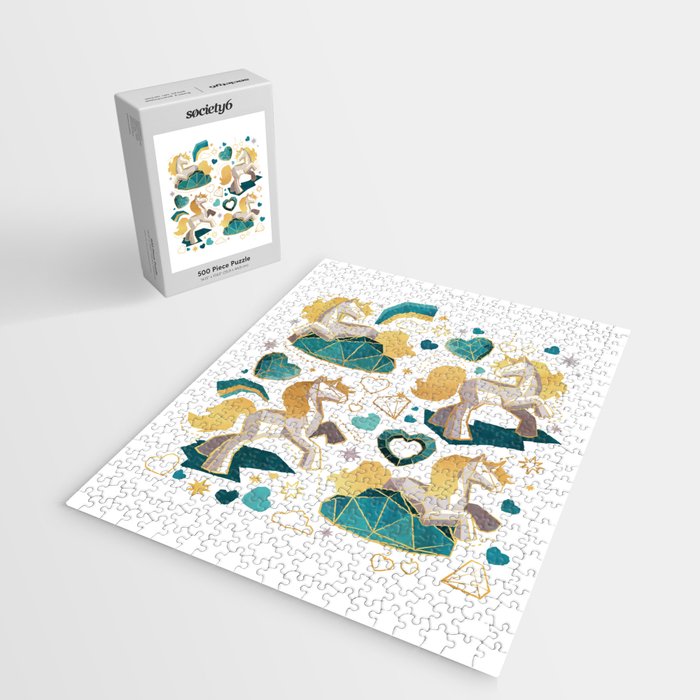 Kicking off some magic // white background white and grey unicorns aqua and mint hearts clouds and rainbows golden lines Jigsaw Puzzle Gallery Image 2