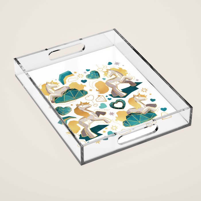 Kicking off some magic // white background white and grey unicorns aqua and mint hearts clouds and rainbows golden lines Acrylic Tray Gallery Image 1