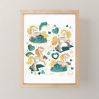 Kicking off some magic // white background white and grey unicorns aqua and mint hearts clouds and rainbows golden lines Mini Art Print Gallery Image 1