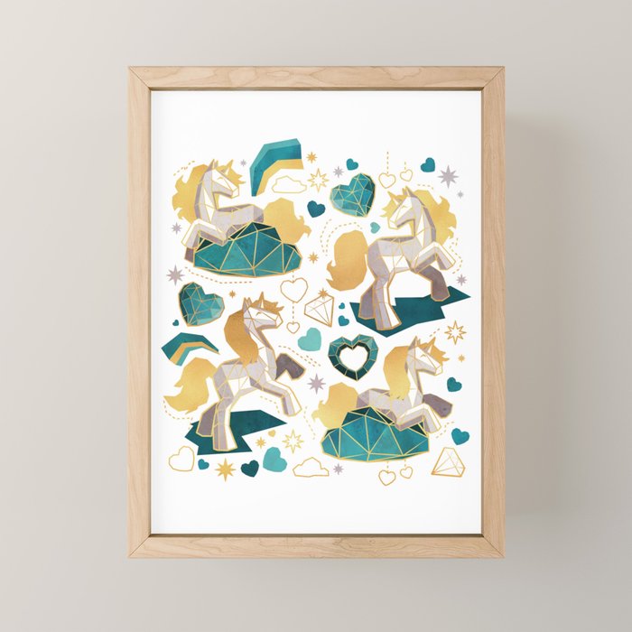Kicking off some magic // white background white and grey unicorns aqua and mint hearts clouds and rainbows golden lines Mini Art Print Gallery Image 1