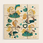 Kicking off some magic // white background white and grey unicorns aqua and mint hearts clouds and rainbows golden lines Wood Wall Art Gallery Image 1