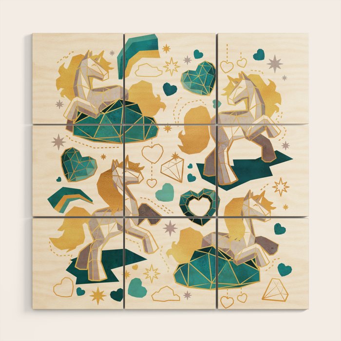 Kicking off some magic // white background white and grey unicorns aqua and mint hearts clouds and rainbows golden lines Wood Wall Art Gallery Image 1