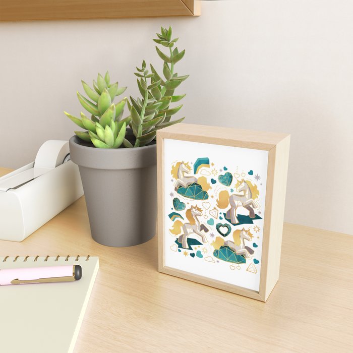 Kicking off some magic // white background white and grey unicorns aqua and mint hearts clouds and rainbows golden lines Mini Art Print Gallery Image 2